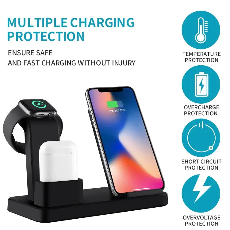 Cargador 3 en 1 Inalámbrico – Carga Teléfono, Reloj y Audífonos al Mismo Tiempo