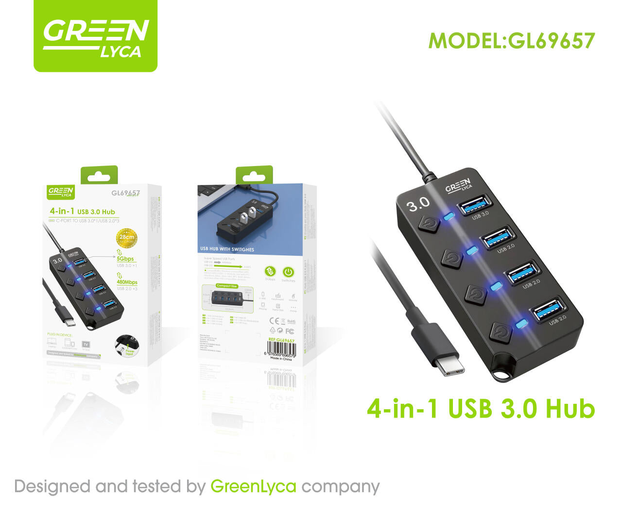 Hub 4 puertos USB con interruptor y conexión Tipo-C.