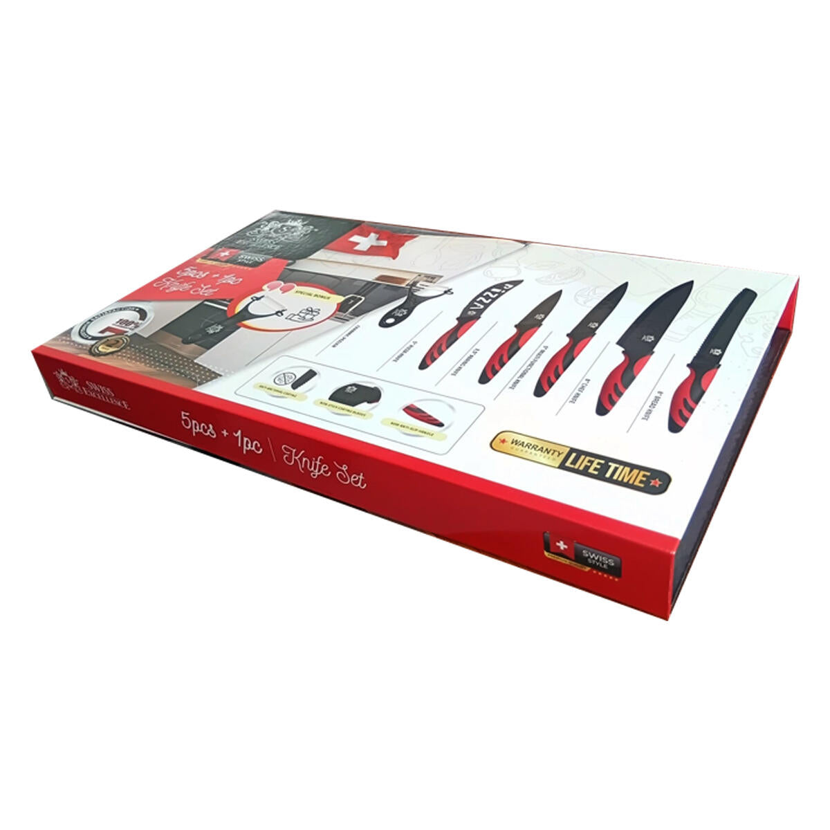 Cuchillos de Cocina Profesionales y Pelador 6 Piezas Antiadherente de Acero Inoxidable Rojo
