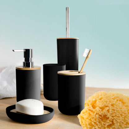 Set de Baño Set de Inodoro 5 Piezas Dispensador de Jabón, Portacepillos de Dientes, Cepillo de Baño, Jabonera & Vaso - Bambú
