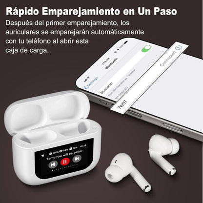 Auriculares Bluetooth 5,4 con Pantalla Táctil Cancelación de Ruido ANC+ENC, IPX7 Impermeables, Blanco