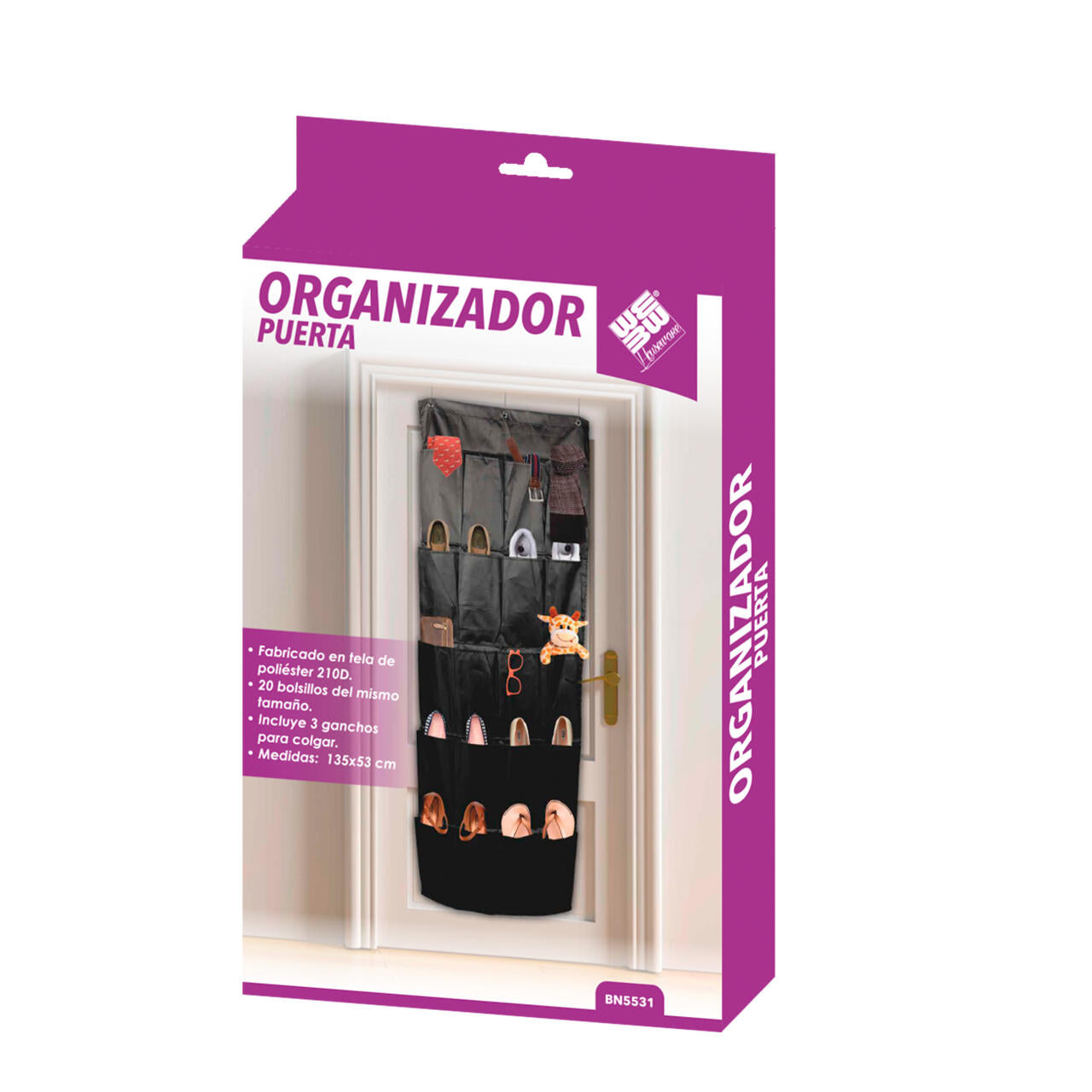 Organizador De Zapatos Y Otras Complementos,  Colgante Sobre La Puerta 20 Bolsillos Color Negro