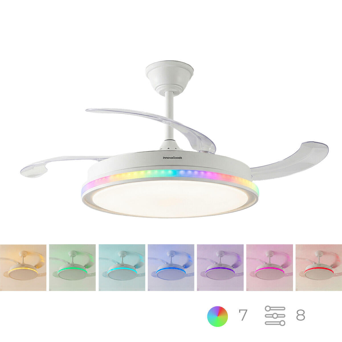 Ventilador de Techo con Luz LED RGB, 4 Aspas Retráctiles y Mando a Distancia InnovaGoods