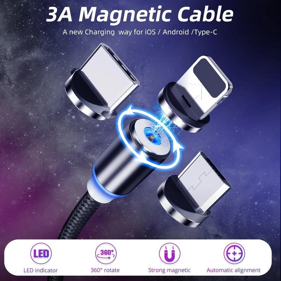 Cable USB Magnético 3 en 1 con Luz LED - Carga Rápida y Segura