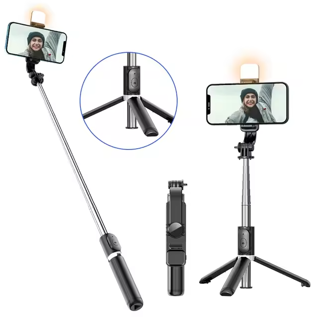 Trípode y selfie para móviles, control remoto Bluetooth, con rotación de 360°, 1040 mm de longitud, con luz, Q02S