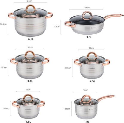 Batería de Cocina 12 Piezas, Juego de ollas en Acero Inoxidable con Tapas Apta para Todo Tipo de Cocinas Incluyendo Inducción